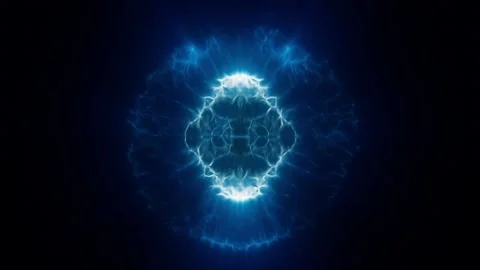 Glowing blue plasma sphere radiates electric energy against a dark background Stock Footage 342744179