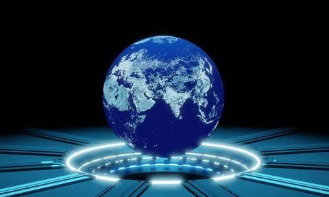 Glowing blue power charging dock, metal surface. Blue globe floating above .. Ilustração Stock