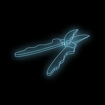 Glowing blue pruning shears on black background, gardening tool Illustrazione stock