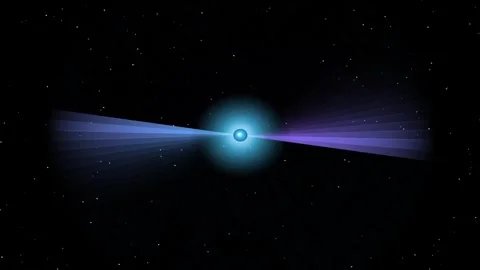 Glowing blue pulsar star with bright energetic beams and radiation jets emit Vídeo Stock 344709878
