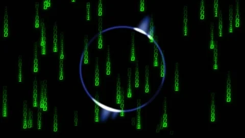 Glowing blue ring showing tech data binary rain starting digits overlapping Stock Footage 332468925