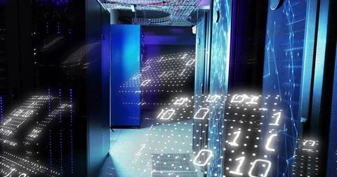 Glowing blue server cabinets projecting binary code overlay in data center ro Stockfoto's