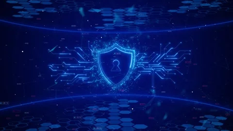 A glowing blue shield and keyhole connect to circuit paths across a digital netw Stock Footage 341044010