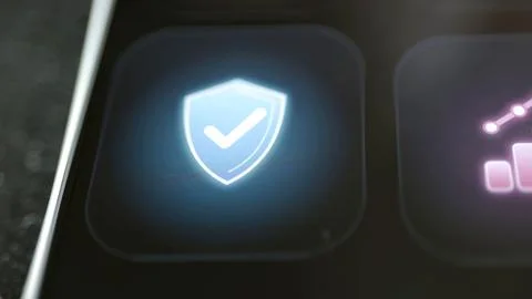 Glowing blue shield containing a white checkmark fills a single black Stock Photos