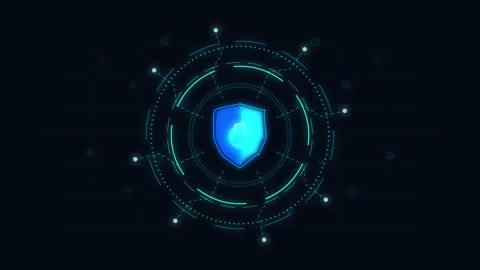 Glowing blue shield icon for data protection and cyber security Stock Footage 348339422