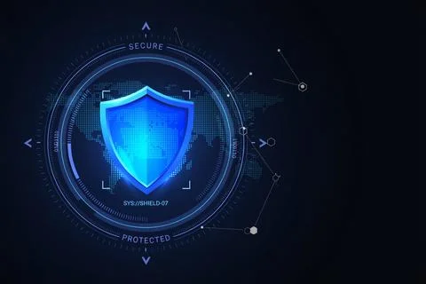 Glowing blue shield icon with digital security interface on dark background Stock Illustration