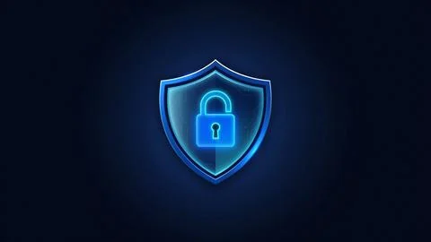 Glowing blue shield icon with a padlock symbol representing digital securit.. Stock Illustration