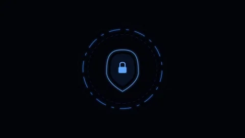A glowing blue shield icon representing digital security on a black backgroun Stockbeeldmateriaal 338310116