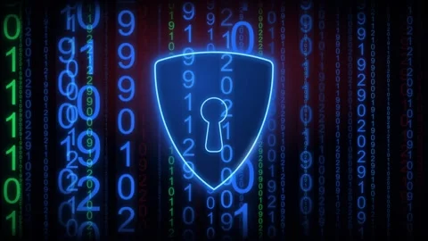 Glowing blue shield with a keyhole over falling binary code on a dark 動画素材 344642954