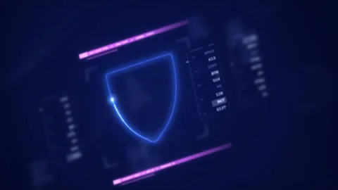 Glowing blue shield outline on a dark HUD interface with data readouts Vídeo Stock 344793089