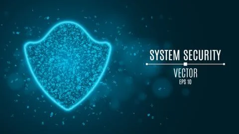 A glowing blue shield of programming symbols. System security. High-tech neon Stock Illustration
