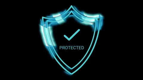Glowing Blue Shield with Protected Text and Checkmark on Black Background Stock Footage 346401233