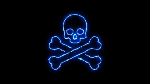 Glowing Blue Skull and Crossbones Animation on Black Stock Footage 306405430