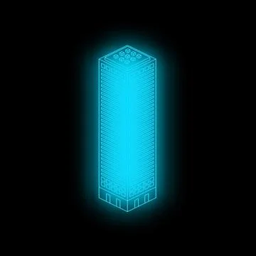 Glowing blue skyscraper standing tall in dark night, isometric projection Stock Illustration