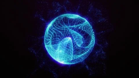Glowing blue sphere made of digital particles in a dark abstract space Stock Illustration