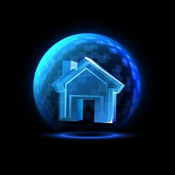 Glowing blue sphere shield with house inside, vector digital dome barrier Ilustración de archivo