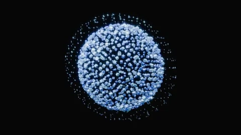 Glowing blue sphere of small 3d cubes rotating on black background Stock Footage 346662824