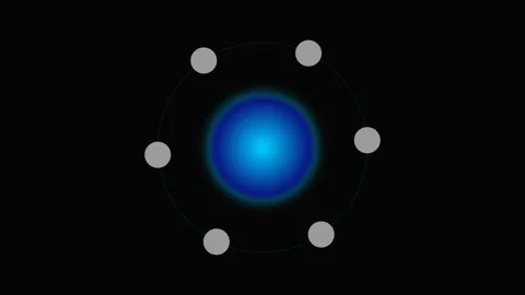 A glowing blue sphere surrounded by six small grey dots in a circular orbit Stock Footage 339617436