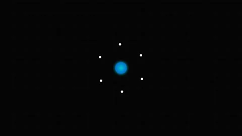 A glowing blue sphere surrounded by six small white dots on black background 库存影片 339618191