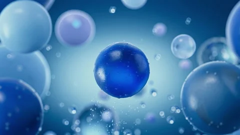 Glowing blue spheres and translucent bubbles floating around central orb with Stock Footage 338440232