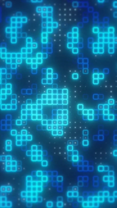 Glowing blue square grid pattern with pixel blocks, soft particles, and fut.. Stock Footage 334036919