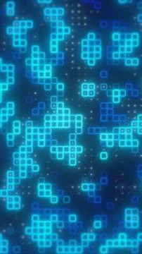 Glowing blue square grid pattern with pixel blocks, soft particles, and fut.. Stock Illustration