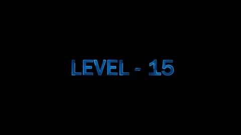Glowing blue text level 15 digital achievement screen display on black back.. Stock Footage 333878401