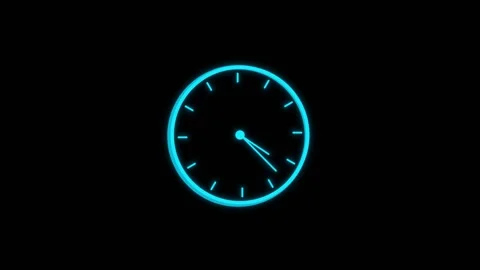 Glowing blue time symbol visual circular clock face, cyan hands, and clean black Stock Footage 340525040
