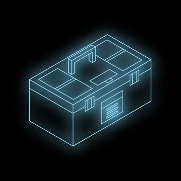 Glowing blue toolbox isometric outline on dark background Stock Illustration