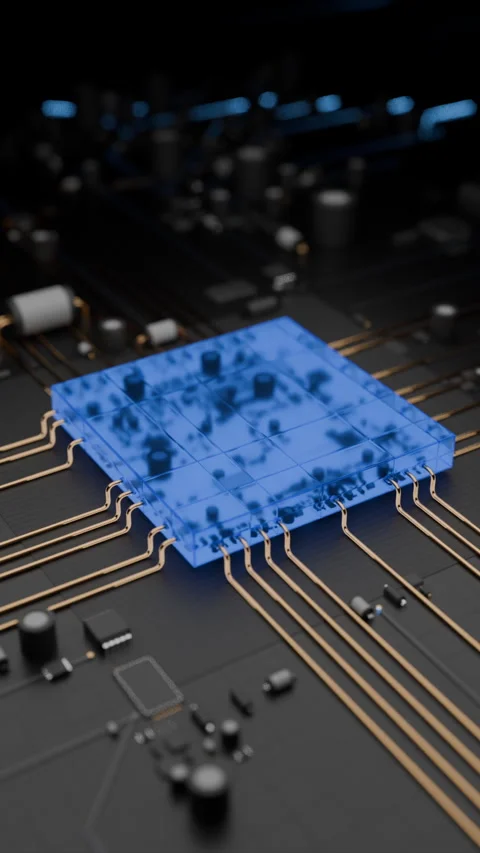 Glowing blue translucent microchip on dark circuit board with golden traces Stock Footage 324795765