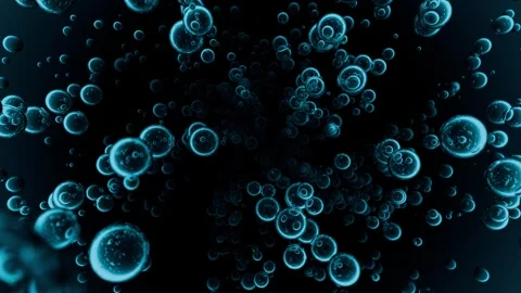 Glowing blue transparent bubbles smoothly floating away into dark void Stock Footage 334524085