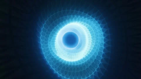 A glowing blue vortex with geometric wireframe patterns converging toward t.. Stock Footage 293250272