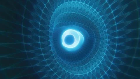 A glowing blue vortex with geometric wireframe patterns converging toward the Illustrazione stock