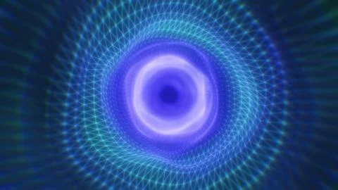 A glowing blue vortex with geometric wireframe patterns converging toward t.. Illustrazione stock