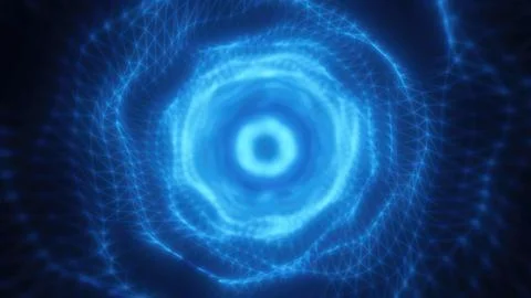 A glowing blue vortex with geometric wireframe patterns converging toward t.. Stock Photos