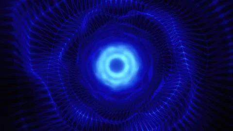 A glowing blue vortex with geometric wireframe patterns converging toward t.. Stockfoto's