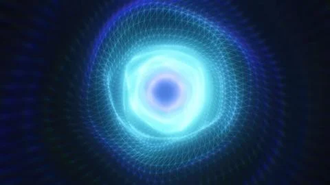 A glowing blue vortex with geometric wireframe patterns converging toward t.. Stock Photos