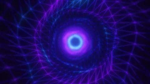 A glowing blue vortex with geometric wireframe patterns converging toward t.. Foto stock