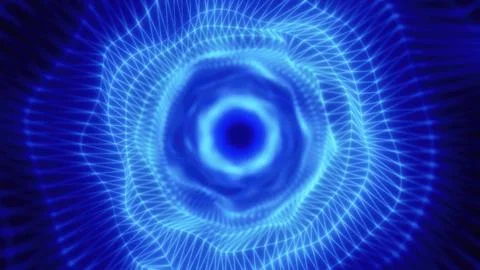 A glowing blue vortex with geometric wireframe patterns converging toward t.. 写真素材