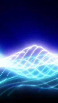 Glowing blue wave lines and dotted grid with bright horizon, abstract sci-f.. Stock Illustration