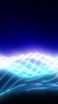Glowing blue wave lines and dotted grid with bright horizon, abstract sci-f.. Stock Illustration