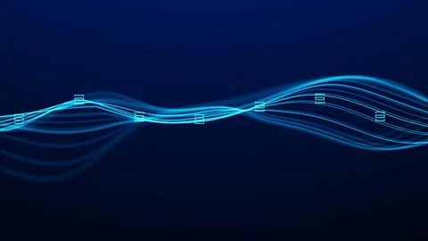 Glowing blue wave lines with digital markers flow across a dark background,.. Stockillustratie