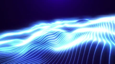 Glowing blue wave lines form a flowing digital landscape, abstract energy sur Stock Footage 327808286