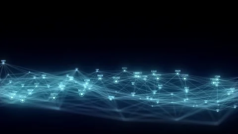 Glowing blue wave with motion dots and lines with digital indicators. Abstract. Stock Footage 318590023