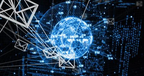 Glowing blue wireframe globe radiating data streams in network void, with white 스톡 사진