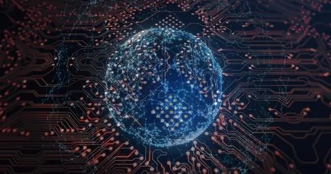 Glowing blue wireframe globe sending node signals across circuit plane, with  Stock Illustration
