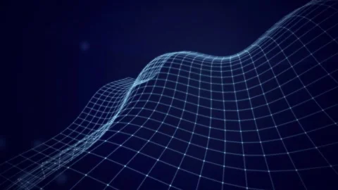 A glowing blue wireframe grid undulates with a dynamic wave-like motion Stock Footage 340831175