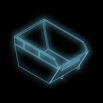 Glowing blue wireframe industrial skip bin on black background Stock Illustration
