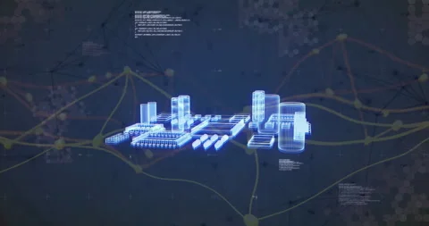 Glowing blue wireframe model floating above hex grid, linking platforms with Stock Footage 307443062