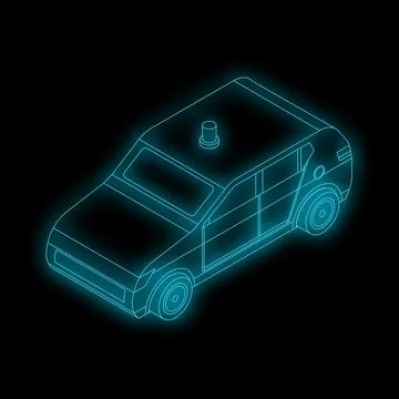 Glowing blue wireframe model of a self driving vehicle isometric view Stock Illustration